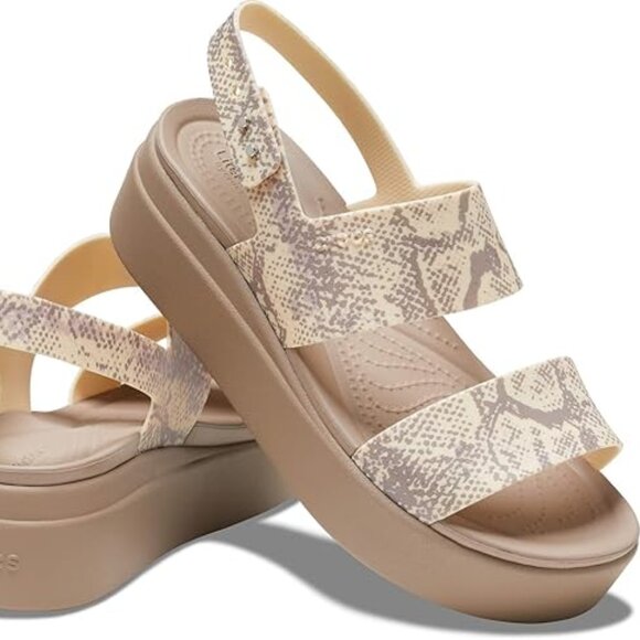 Crocs Brooklyn Snake Printed Low Wedge Platform Sandals Sling Back Beige - Picture 1 of 12